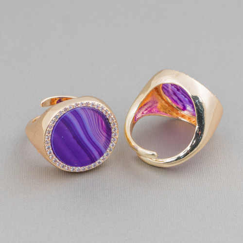 Bronze Ring With Natural Stone Plate With Zircons 20mm Adjustable Size Purple Striated Agate
