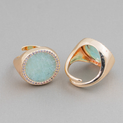 Bronze Ring With Natural Stone Plate With Zircons 20mm Adjustable Size Amazonite
