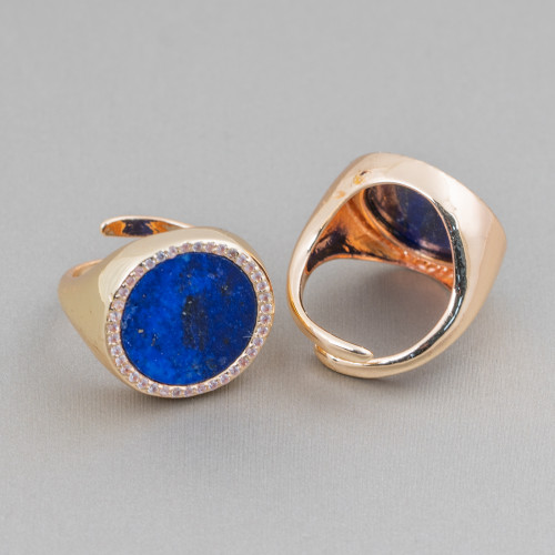 Bronze Ring With Natural Stone Plate With Zircons 20mm Adjustable Size Lapis Lazuli