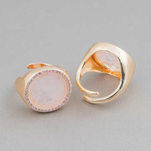 Bronze Ring With Natural Stone Plate With Zircons 20mm Adjustable Size Rose Quartz