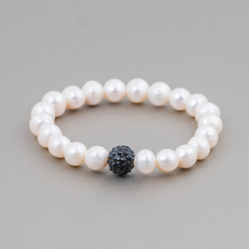 Elastic Bracelet With River Pearl 09-9.5mm and Rhinestone Ball