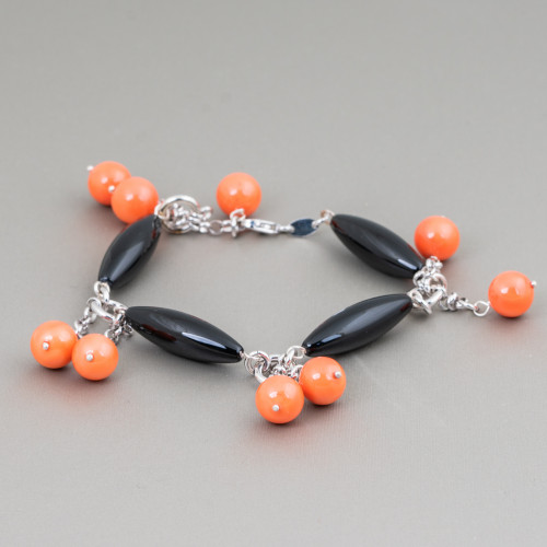 925 Silver Chain Bracelet With Orange Bamboo Coral And Oval Onyx Adjustable Size