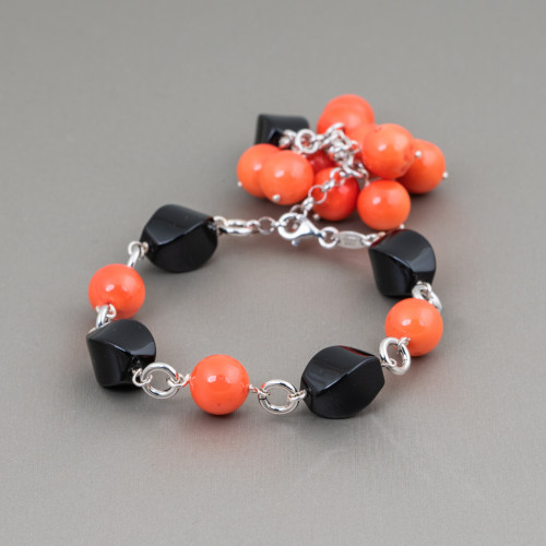 925 Silver Chain Bracelet With Red Orange Bamboo Coral And Onyx Adjustable Size