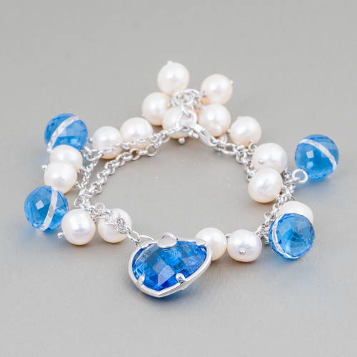925 Silver Chain Bracelet With River Pearls And Indigo Blue Faceted Zircons 19cm 1.5cm With Heart Pendant