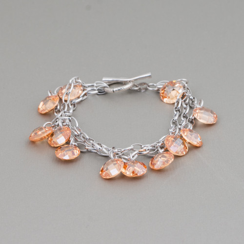 925 Silver Bracelet 3-strand Rhodium-plated Chain With Champagne Zircon Pendants And 20mm T-Clasp