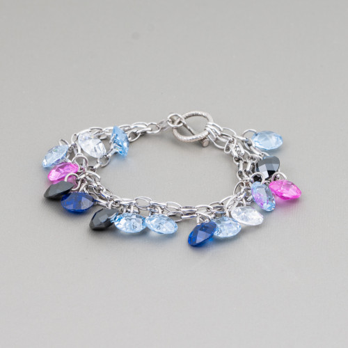 925 Silver Bracelet 3-strand Rhodium-plated Chain With Multicolor Zircon Pendants And 20mm T-Clasp