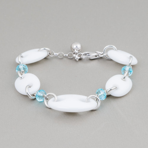 925 Silver Bracelet With White Agate Marine Mesh And Light Blue Zircons 17cm 2.5cm