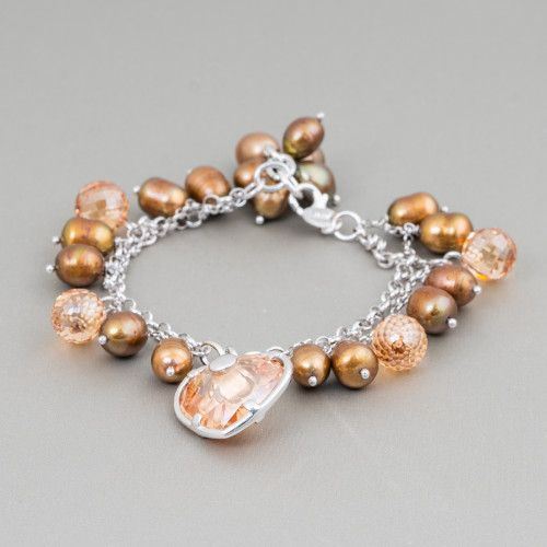 925 Silver Bracelet With Chain Pearls, Bronze Rice And Zircons With Heart Pendant 18.5cm 2cm