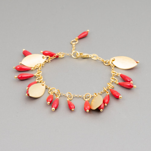 925 Silver Bracelet With Gold Plated Bamboo Coral Chain Drops And Satin Leaves 18cm 3cm