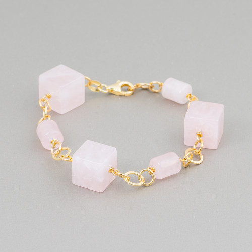 925 Silver Bracelet With Gold Plated Chain Of Rose Quartz Cube And Cylinders 20cm