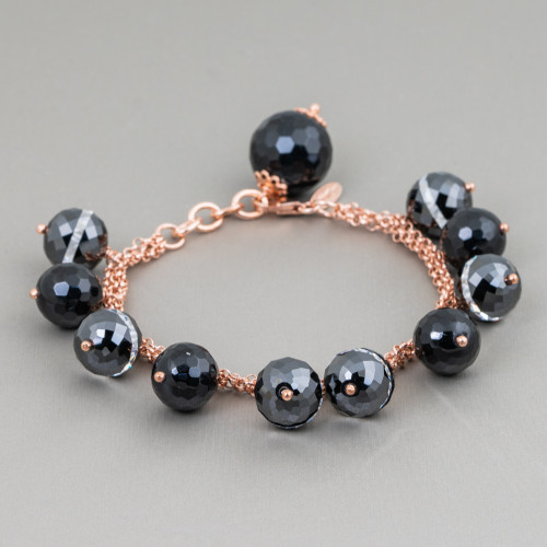 925 Silver Bracelet With 3 Row Rolò Chain And Pendant Onyx And Cubic Zirconia Spheres 18cm 4cm