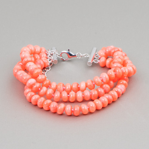 925 Silver Bracelet With Bamboo Coral Rondelle Smooth Pink Orange 18cm 5cm