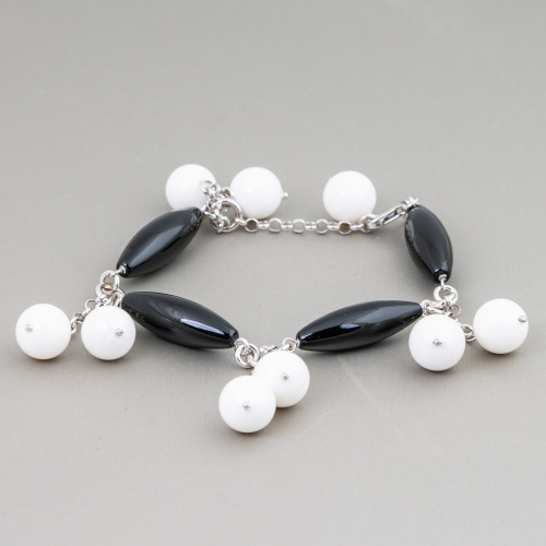 925 Silver Bracelet With Smooth Rice Onyx And White Agate Pendants 18cm 2.5cm