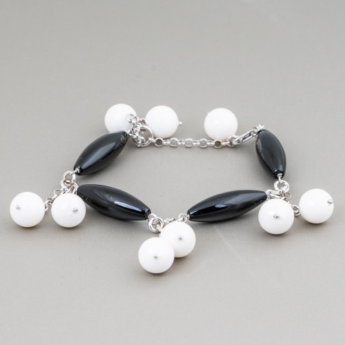 Bracciale Di Argento 925 Con Onice Liscio Riso E Pendenti Di Agata Bianca 18cm   2,5cm