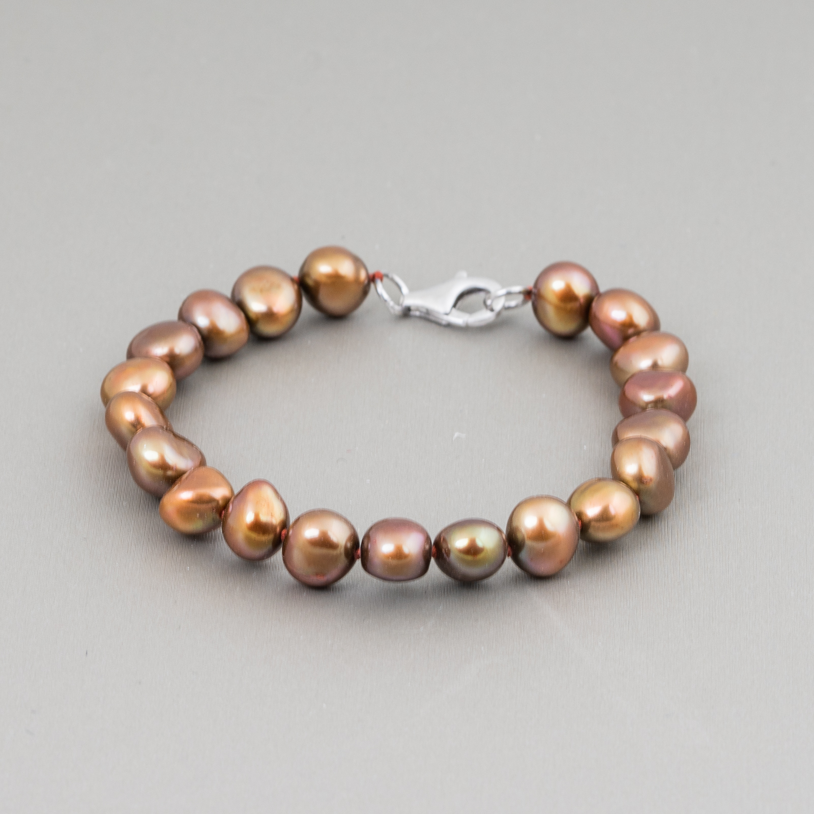 Bracciale Di Argento 925 Con Perle Di Fiume Bronzo Chisura a Moschettone
