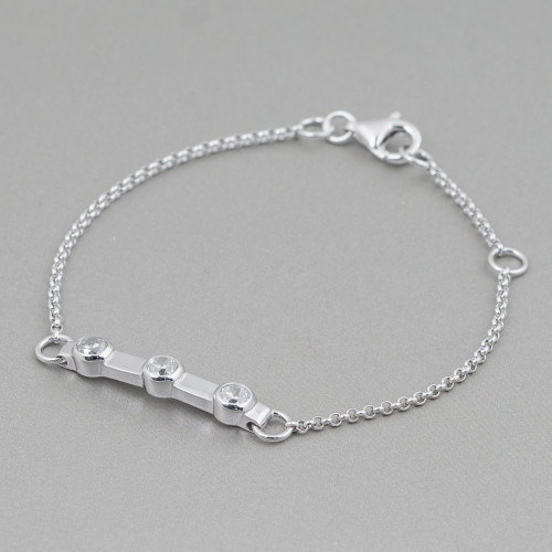 925 Silver Bracelet Design Italy With 3 Zircons Length 19cm-16.5cm Rhodium Plated