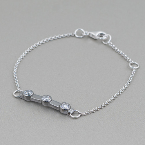 925 Silver Bracelet Design Italy With 3 Zircons Length 19cm-16.5cm Rhodium-Plated and Burnished