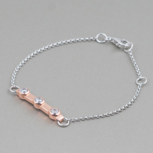 925 Silver Bracelet Design Italy With 3 Zircons Length 19cm-16.5cm Rhodium Plated and Rose Gold