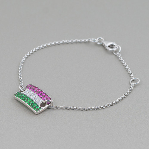 925 Silver Bracelet Design Italy With Central Tricolor Flag Length 19cm-16.5cm Rhodium Plated