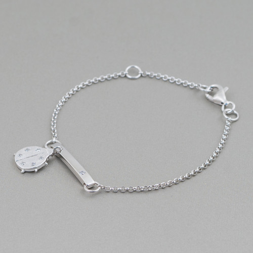 925 Silver Bracelet Design Italy With Central Ladybug Length 19cm-16.5cm Rhodium Plated
