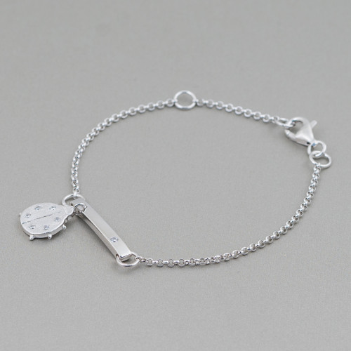 Armband aus 925er Silber, Design Italien, mit zentralem Marienkäfer, Länge 19 cm – 16,5 cm, rhodiniert