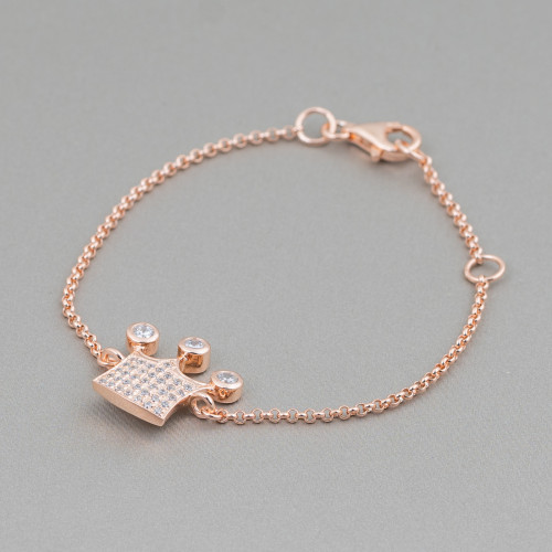 925 Silver Bracelet Design Italy With Central Zircon Crown Length 19cm-16.5cm Rose Gold