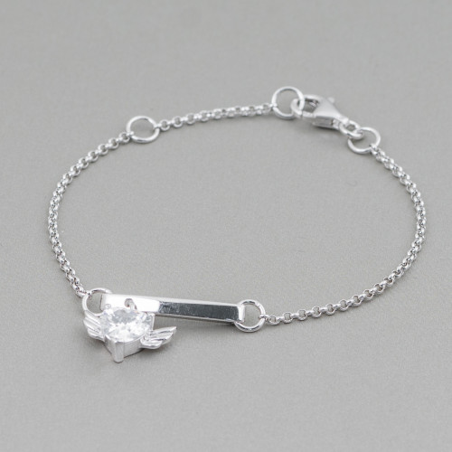 925 Silver Bracelet Design Italy With Central Winged Heart Length 19cm-16.5cm Rhodium Plated