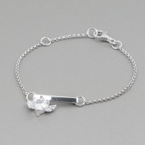 Armband aus 925er Silber, Design Italien, mit zentralem geflügeltem Herz, Länge 19–16,5 cm, rhodiniert