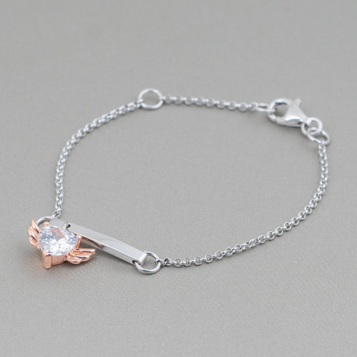 925 Silver Bracelet Design Italy With Central Winged Heart Length 19cm-16.5cm Rhodium Plated And Rose Gold