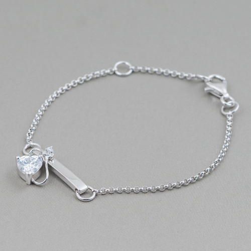 925 Silver Bracelet Design Italy With Central Heart With Tail Length 19cm-16.5cm Rhodium Plated