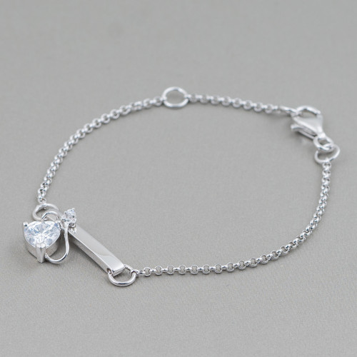 Bracelet en argent 925 design italien avec cœur central et longueur de queue 19 cm-16,5 cm plaqué rhodium