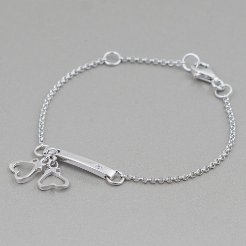 925 Silver Bracelet Design Italy With Central Double Heart Length 19cm-16.5cm Rhodium Plated