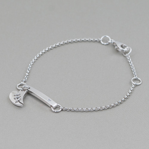 Bracciale Di Argento 925 Design Italy Con Centale Cuore Spezzato Lunghezza 19cm-16,5cm Rodiato