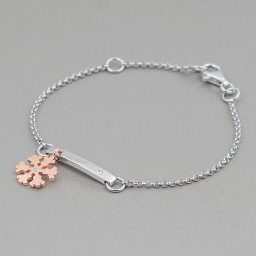 Bracelet En Argent 925 Design Italie Avec Flocon De Neige Rose Centrale