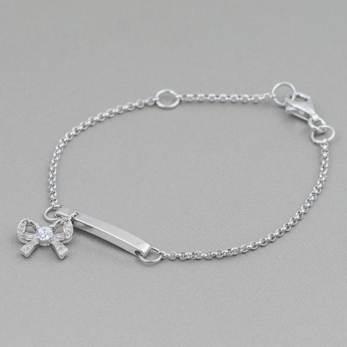925 Silver Bracelet Design Italy With Central Bow And Light Point Length 19cm-16.5cm Rhodium Plated