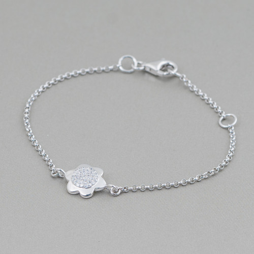 925 Silver Bracelet Design Italy With Brilliant Flower Centerpiece Length 19cm-16.5cm Rhodium Plated