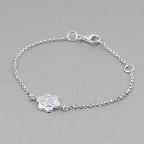 Bracciale Di Argento 925 Design Italy Con Centale Fiore Brillante Lunghezza 19cm-16,5cm Rodiato