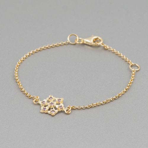 925 Silver Bracelet Design Italy With Central Hexagonal Flower Length 19cm-16.5cm Golden