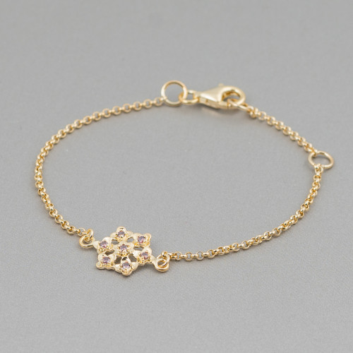 Pulsera De Plata 925 Diseño Italia Con Flor Central Hexagonal Largo 19cm-16.5cm Dorado