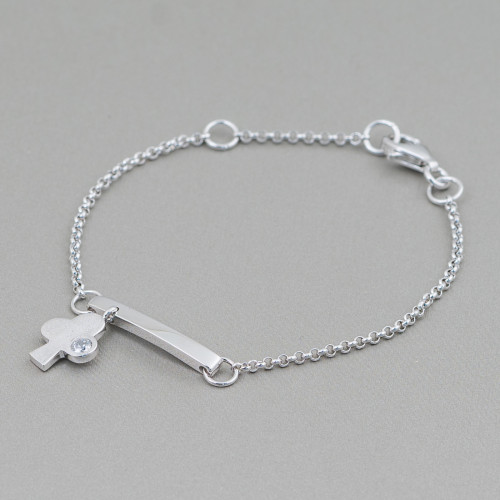 Bracelet Argent 925 Design Italie Avec Fleur Centrale Longueur 19cm-16.5cm Plaqué Rhodium