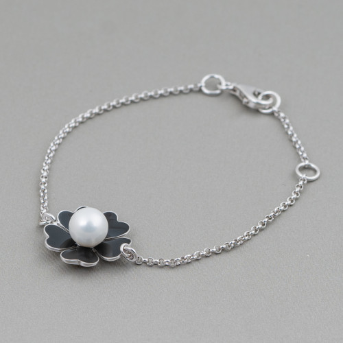 925 Silver Bracelet Design Italy With Central Enamelled Flower Length 19cm-16.5cm