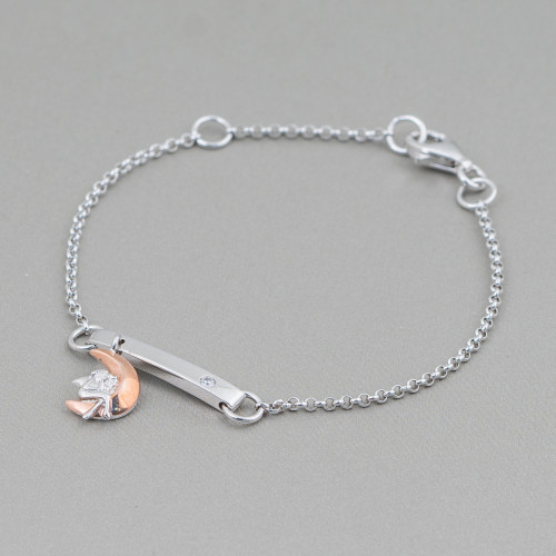 Pulsera De Plata 925 Diseño Italia Con Luna Central Largo 19cm-16.5cm Chapada En Rodio