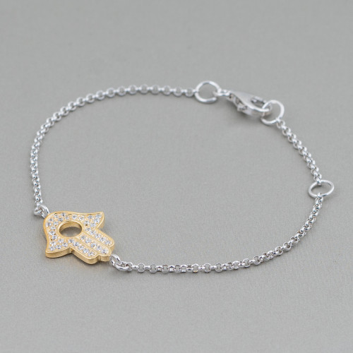 Pulsera De Plata 925 Diseño Italia Con Mano De Fátima Dorada Central Largo 19cm-16.5cm Baño De Rodio