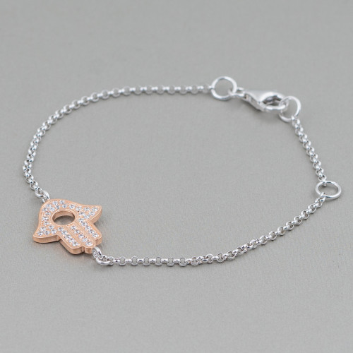 925 Silver Bracelet Design Italy With Central Hand Of Fatima Rose Gold Length 19cm-16.5cm Rhodium Plated
