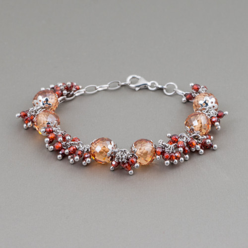 925 Silver Bracelet Design Italy With Cubic Zirconia, Faceted Champagne And Garnet Spheres Adjustable Size