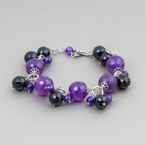 925 Silver Bracelet Korean Purple Jade And Faceted Onyx With Flower Cups 19cm 3.5cm
