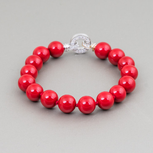 Bracelet En Argent 925 Perles Rouges De Majorque 10mm Et Fermeture Avec Zircons 20cm