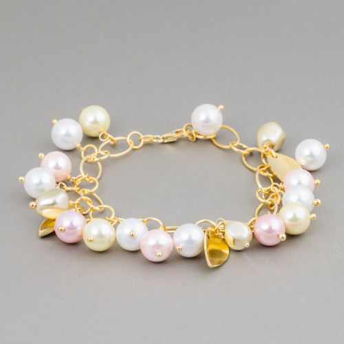 Gold Plated 925 Silver Bracelet With Chain And Satin Leaves Of Mallorca Pearls Pink White Yellow 20cm