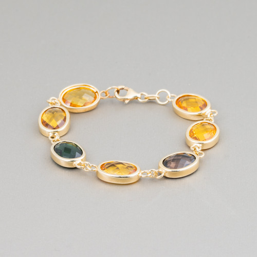 Pulsera De Plata 925 Bañada En Oro Con Circonitas Ovaladas Multicolores 19cm