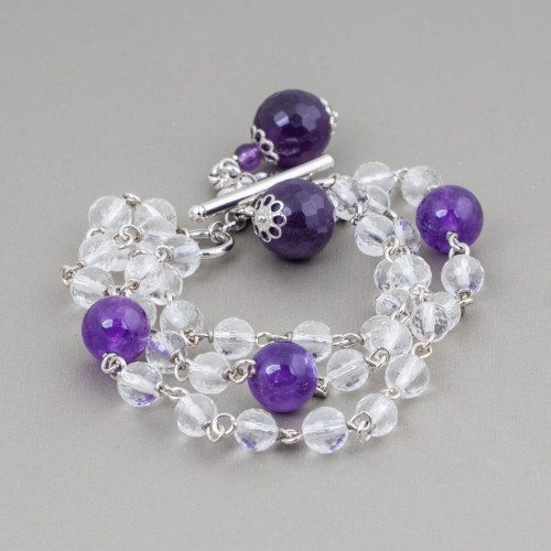 925 Silver Rosary Bracelet With Faceted Rock Crystal And Purple Jade With Clasp And Pendant